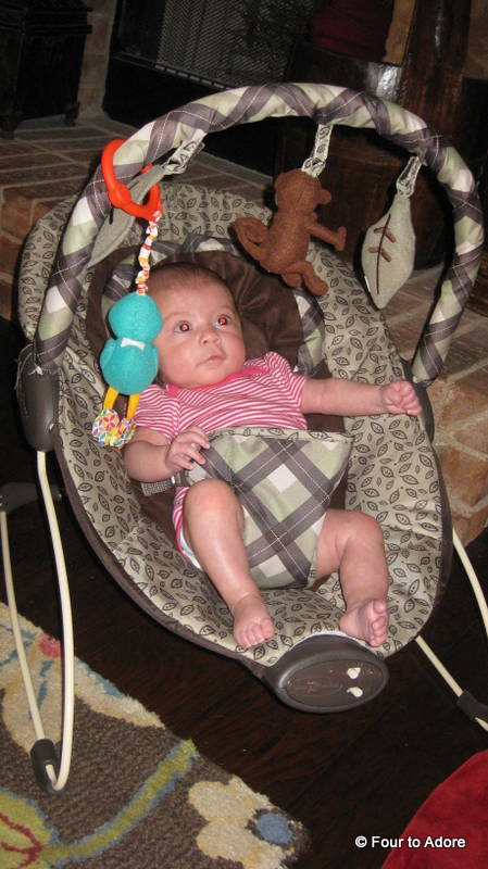 Rylin could be looking at the tree, or perhaps just the monkey on her bouncy seat.  