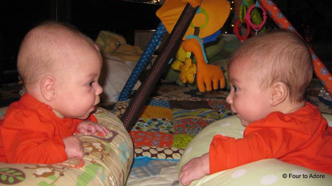The babies are starting to notice each other.  Here Sydney and Rylin are making faces and cooing at each other.  