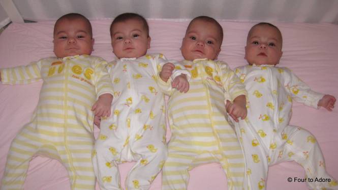 The babies are all wearing size 6 month pajamas and are lined up largest to smallest.  Interesting to see how their pajamas fit!