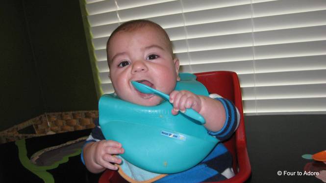The boys are notorious spoon grabbers.  They enjoy teething on a plastic one though.
