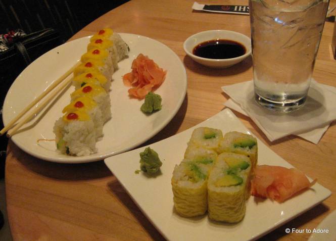 Zushi Sushi is one of my favorite spots because they have a huge variety of vegetarian sushi and offer soy paper rather than traditional nori.  I enjoyed a Tropical Roll stuffed with asparagus, avocado, cream cheese, carrots, and sprouts then topped with mango.  George and I really want to expose the babies to sushi so they grow up appreciating different cultures and foods.  I thought it was neat that my sushi contains three foods they already enjoy!  