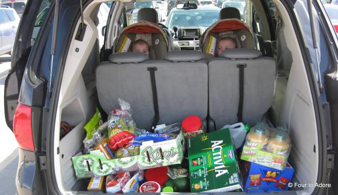 After shopping, we loaded all babies then the groceries into the van.  I always felt bad that the boys have to sit in the back, but I think they have a much better view than the girls.