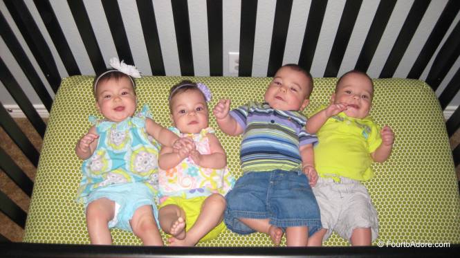 Finally we got the money shot!  Four babies lined up in a crib.