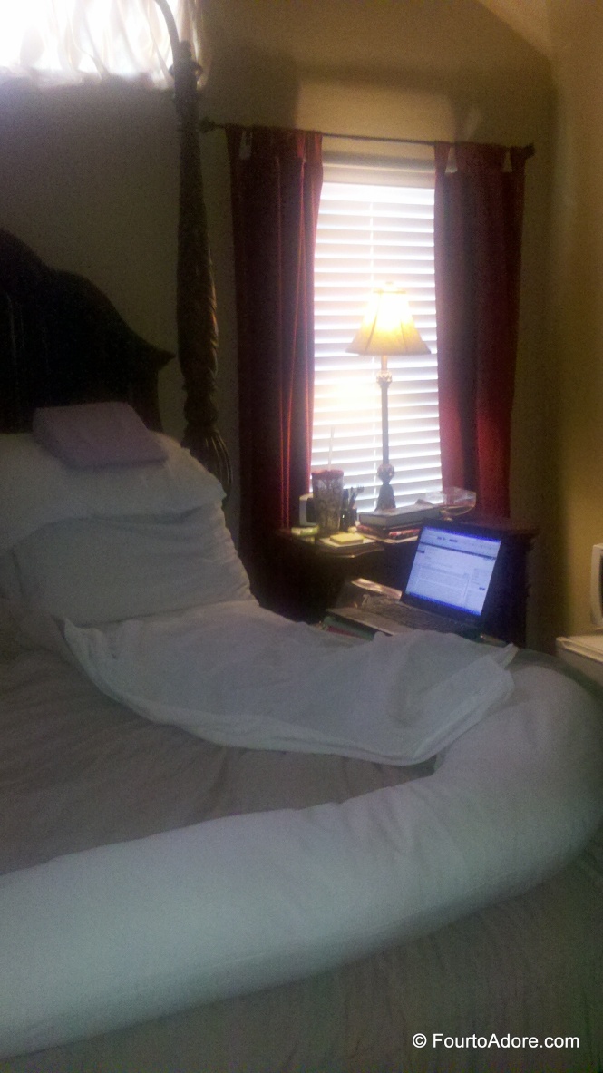 This was my bed rest set up complete with Snoogle and laptop.  I later swapped the laptop for a secondhand ipad, which was much lighter and easier to manage.