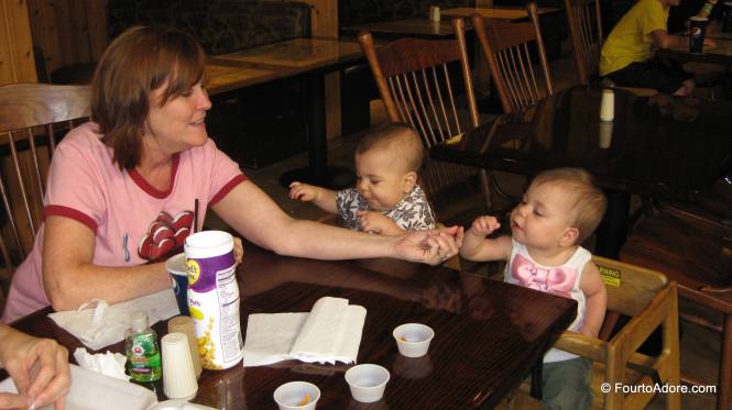 The babies sat perfectly in these high chairs.  I forgot our sticky place mats at home so improvised by washing the table with Germ X.