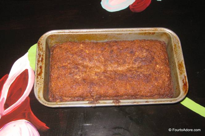 While baking, this bread fills your home with a delicious aroma.  It gets a nice crust on top and is great with coffee.  Note: greasing AND flouring the pan is critical.  We used Pam cooking spray and it got stuck.