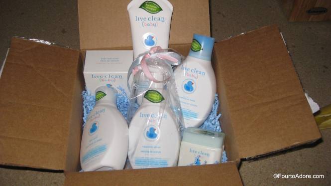 Our Live Clean Baby gift included bar soap, foaming wash, baby bath, shampoo and wash, lotion, and non-petroleum jelly.