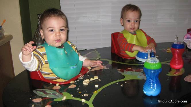 The boys eat a little more haphazardly, and often lose the privilege of bowls and spoons.  