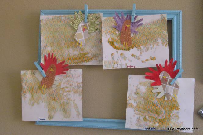 Our turkeys are hanging in the art gallery frame in our playroom.  I think they may live their beyond Thanksgiving as a reminder of the very blessings in our life- great and small.