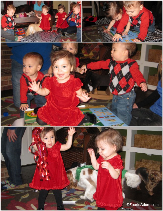 The quads found the value of teamwork when opening a train set from Aunt CiCi.  The wrapping paper and ribbon proved to be the most entertaining part of the gift.