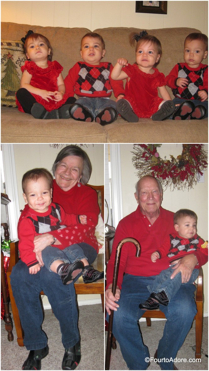 Upon our arrival, the quads enjoyed a bit of Shrek while we unloaded the van.  Their love seat time lasted approximately two minutes. GG got a snuggle with Mason while GG Paw had Harper.  