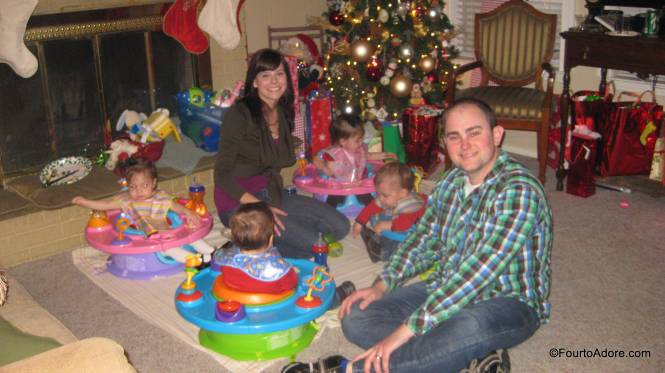 We got a little creative with the quads mealtime arrangement and made good use of our old Super Seat trays.  The babies found these old toys to be exciting again.  