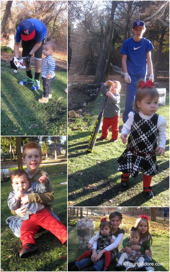All of the cousins had a blast playing in the unseasonably warm weather outdoors just before dinner.  Seth and Ryan's batting cage was ideal for corralling quadruplets!