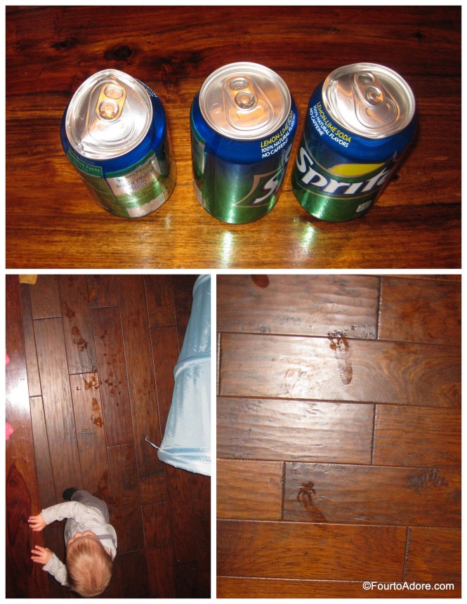 Here's the evidence collected: three Sprite cans with various signs of damage two sets of wet, sticky foot prints, one on either side of the dining table