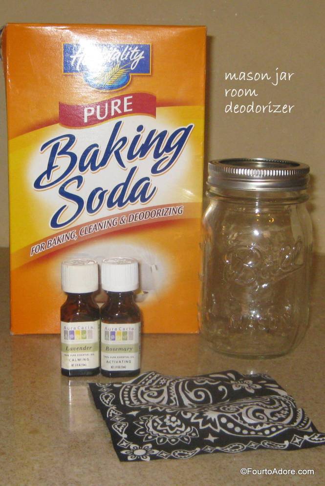 Fill a mason jar halfway with baking soda, then add a few drops of whatever essential oils you prefer. I used lavender and rosemary for this one. Peppermint and lavender is also really nice. Use a butter knife to mix the oils into the baking soda. Cover the jar with a scrap of fabric and seal with the rim of the jar. 