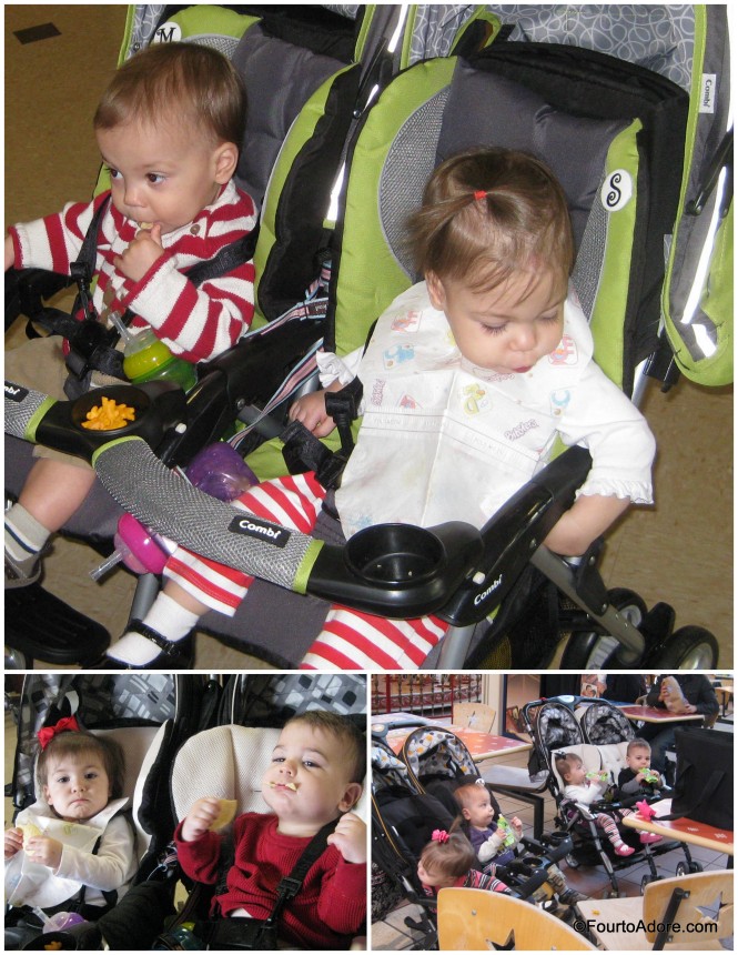 When we are out and about, four high chairs (if any) are not always available so our strollers double as picnic hot spots.  I generally toss finger foods into the snack cups, and use sippy cup straps for drinks.  Thankfully, the Combi Cosmo strollers basically come apart for easy cleaning.  