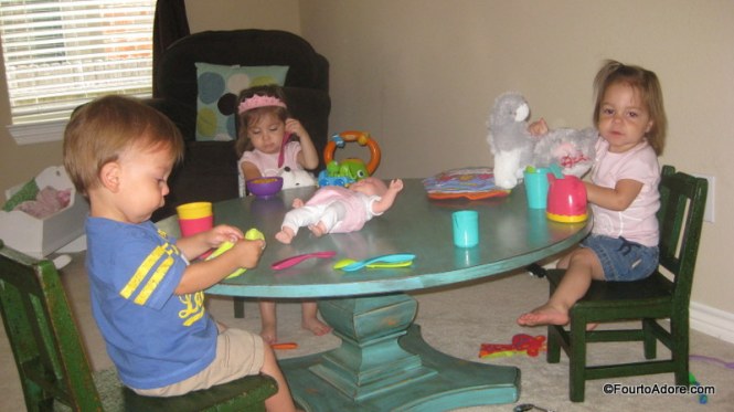The playroom was the perfect spot for the quad's table and chairs.  They've been making me "hot coffee" nearly every morning.  They even remember to add a little cream and sugar, just the way I prefer it.