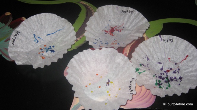 First, the quads scribbled on their coffee filters with maker.  I used Sharpie to write their names.