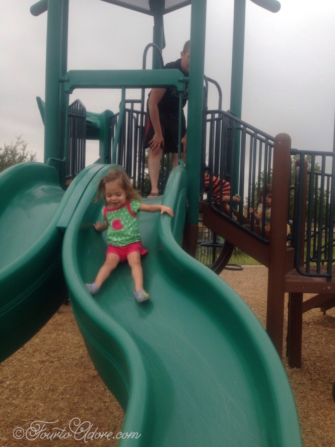 Much to my chagrin, George guided each of the quads to the "big" slide.  While the others were slightly reticant, Sydney managed this slide with gusto.  