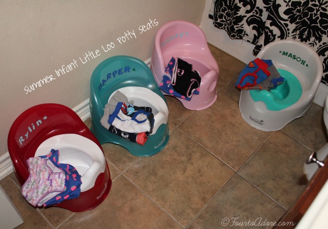 little loo potty seats are handy for multiples- they are relatively small, come in many colors, are cheap ($10), and easy to clean