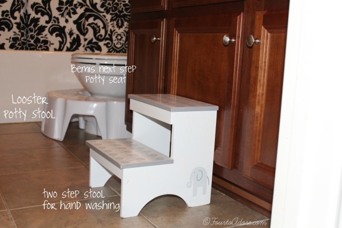 an embedded potty seat, looster stool and two step stool are handy for potty training